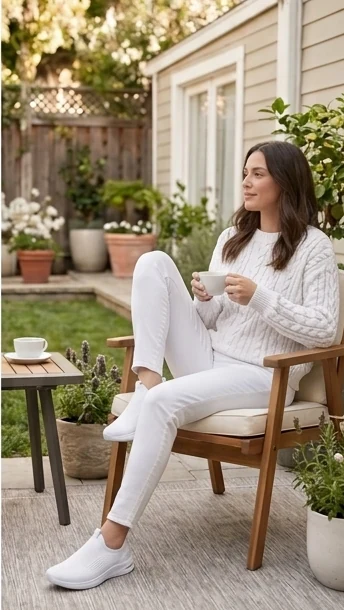 Woman in white knitwear enjoying a coffee outdoors in Arctic Sloopers