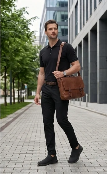 Man in a black polo crossing the street in Onyx Sloopers