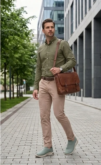 Man in an olive shirt and khakis walking to work in Sage Sloopers