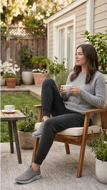 Woman relaxing with a coffee in a garden chair wearing Stone Sloopers